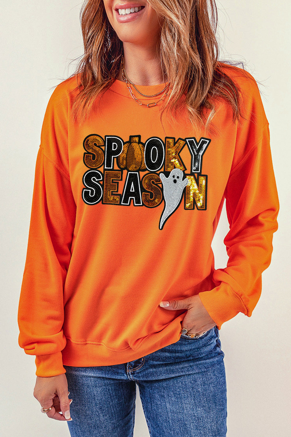 Russet Orange Sequin SPOOKY SEASON Ghost Halloween Graphic Sweatshirt