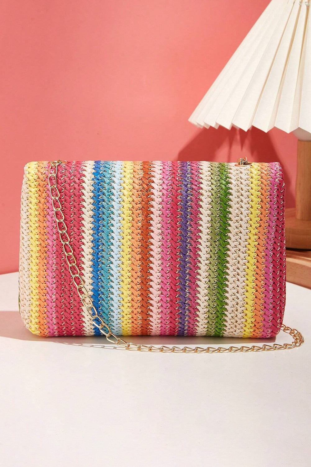 Strawberry Pink Striped Crochet Flapped Single Shoulder Bag