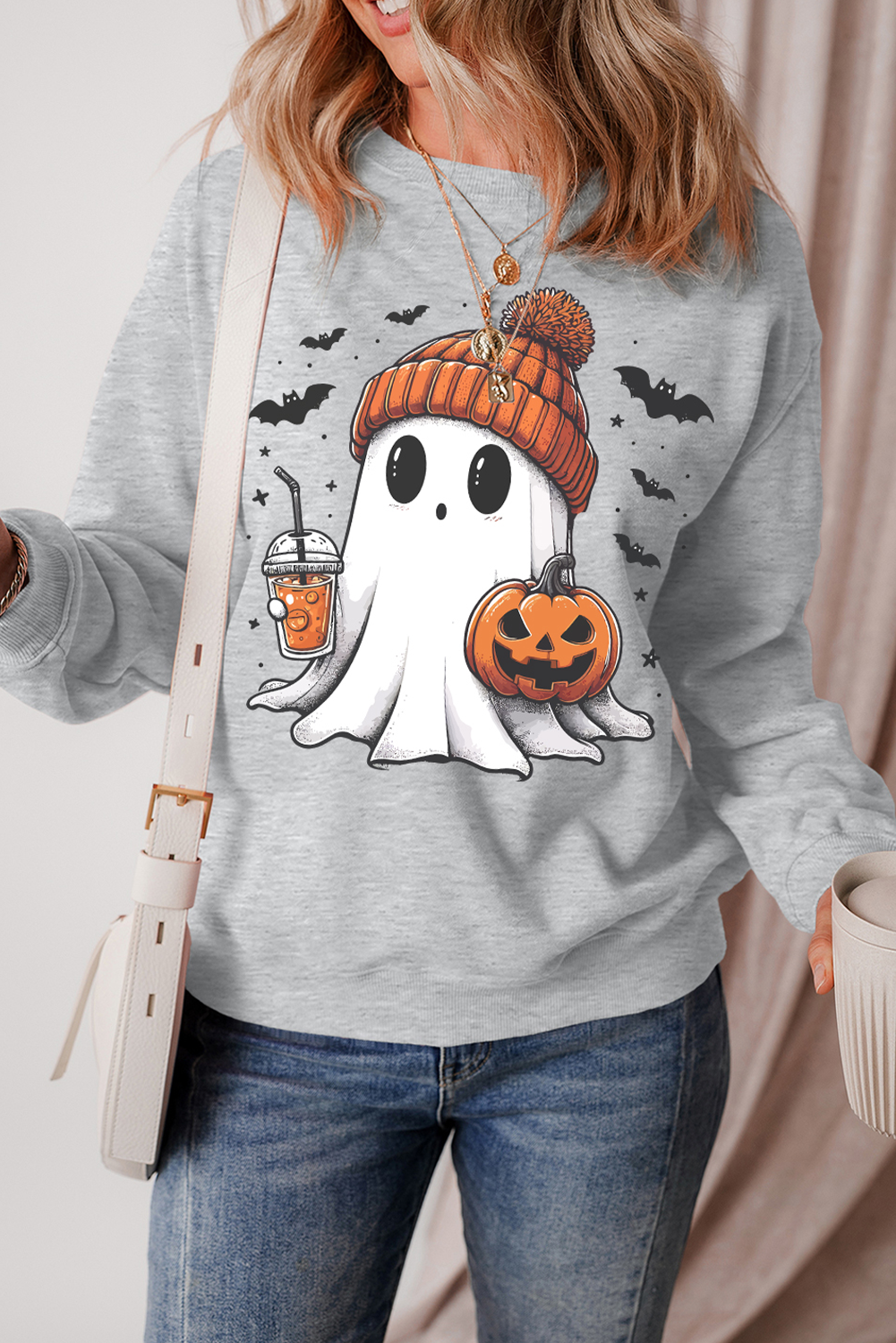 Gray Halloween Ghost Print Crewneck Drop Shoulder Sweatshirt