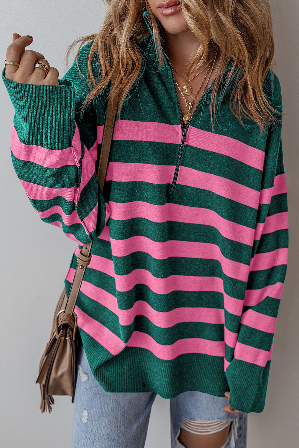 Green Striped Collared Quarter Zip Oversized Sweater