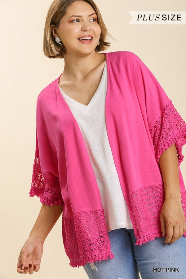 Umgee Linen Blend Crochet Detail Open Front Cardigan with Tassel Frayed Hem