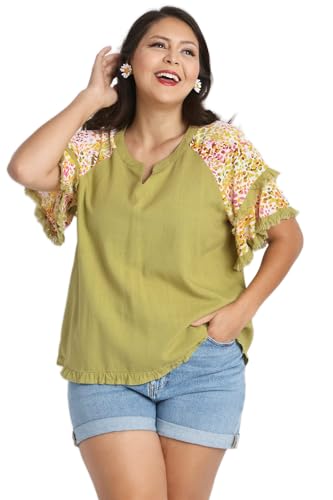 Umgee V-Notched Linen Top with Double Layer Flutter Sleeves, & Frayed Unfinished Hem