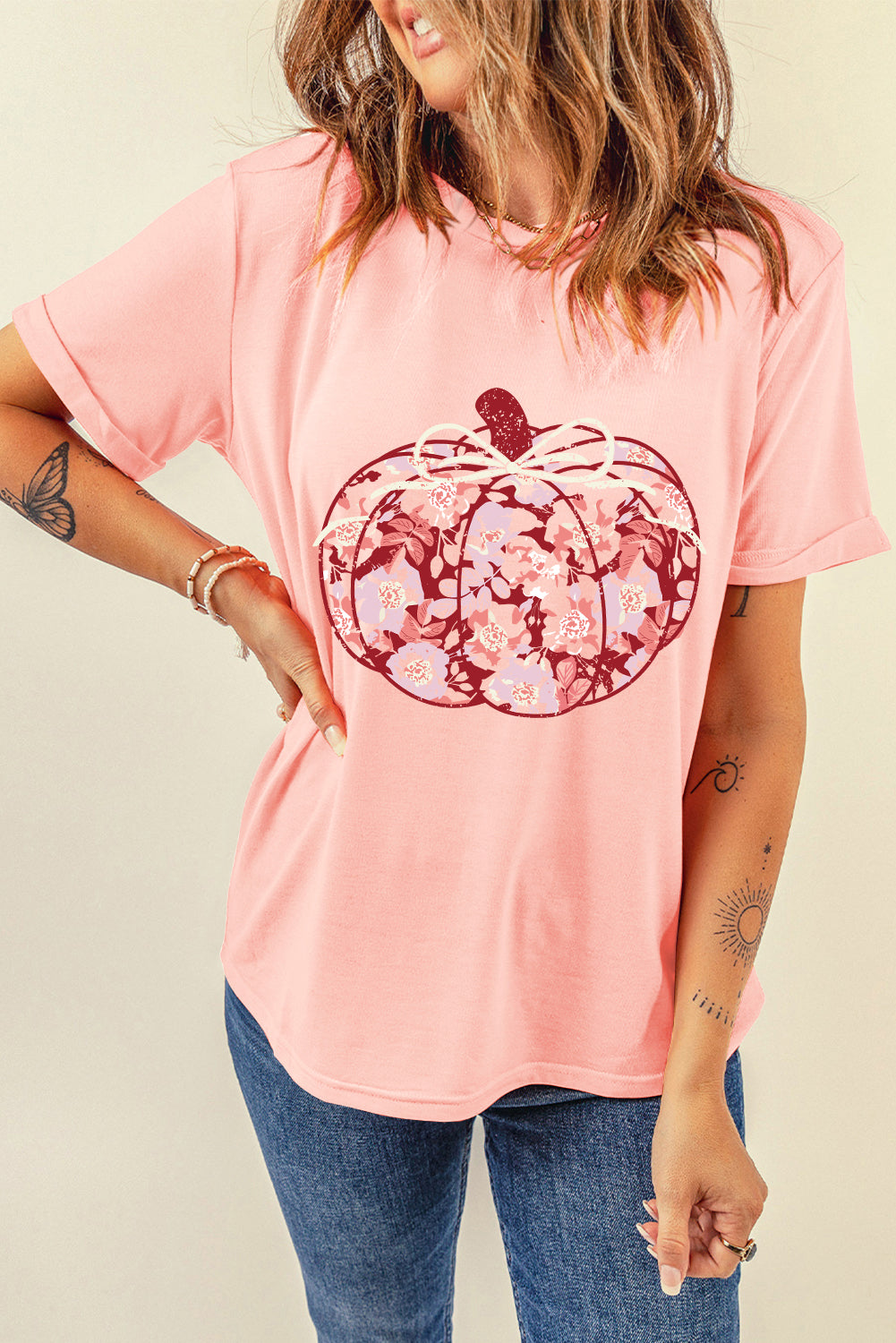 Pink Floral Pumpkin Print Crew Neck Casual T Shirt