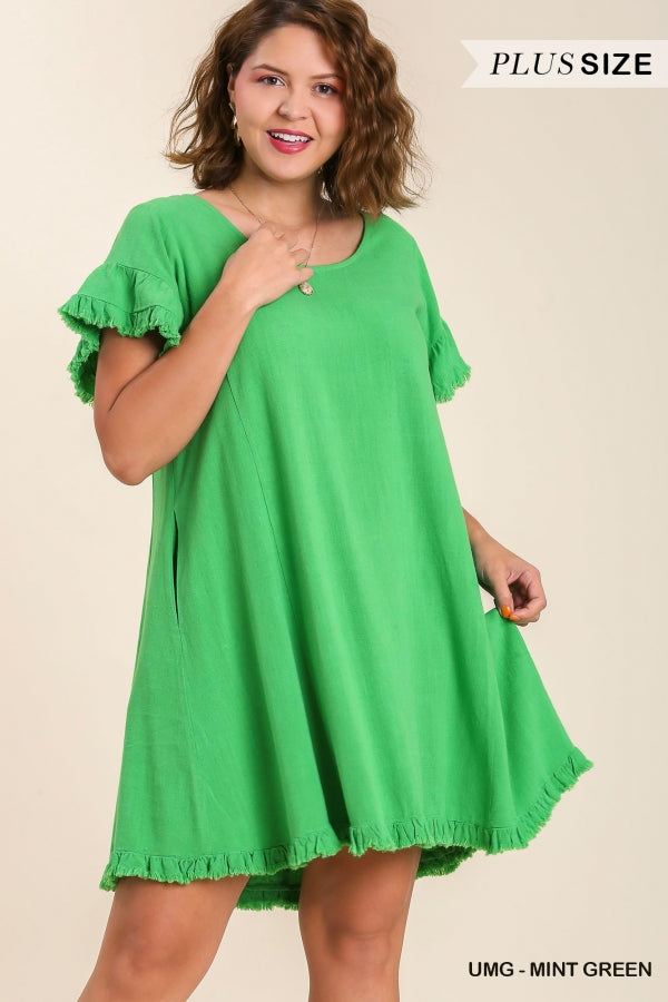 Umgee Linen Blend Short Ruffle Sleeve Round Neck Dress with Ruffle Hem