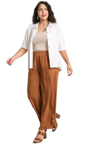 Umgee Linen Blend Elastic Waist Ruffle Hem Pants with Pockets