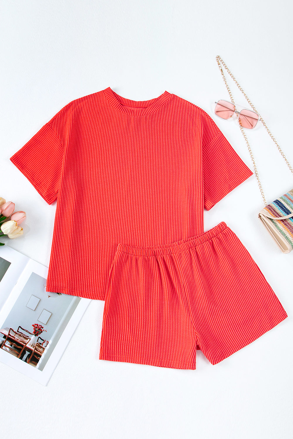 Orange Ribbed Textured Knit Loose Fit Tee and Shorts Set