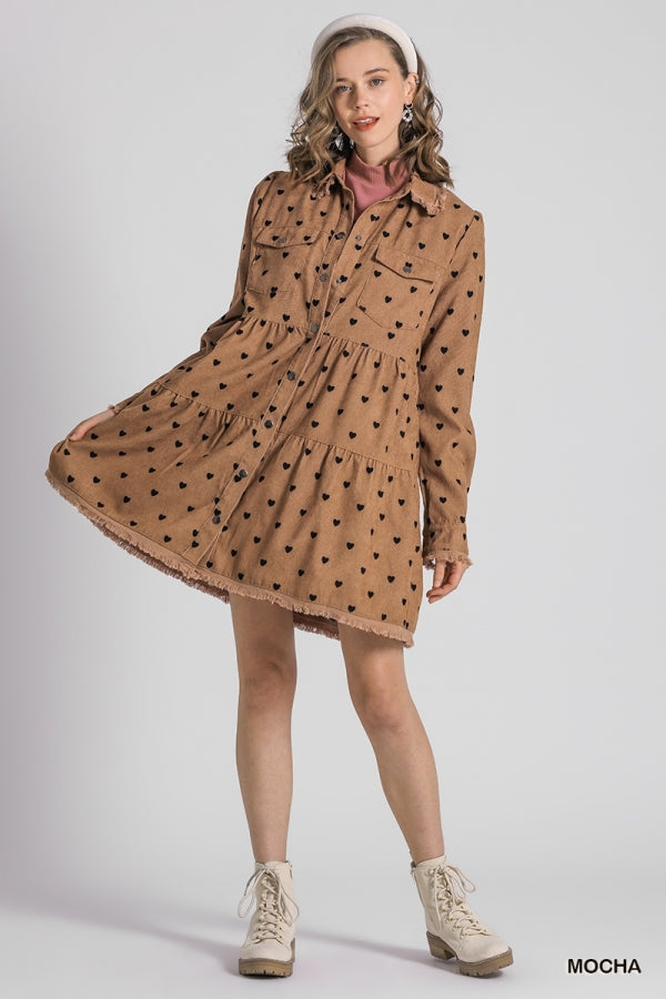 Umgee Corduroy Heart Print Collar Tiered Button Up Dress with Chest Pockets