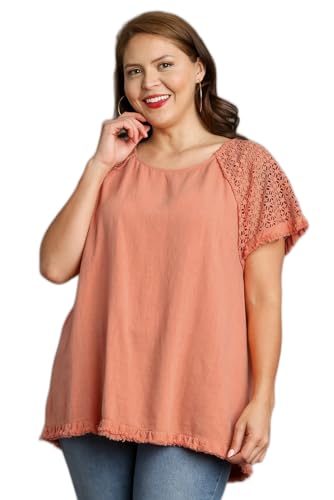 Umgee Linen Blend Floral Crochet Detailed Short Sleeve Round Neck Top with Fringed Hem