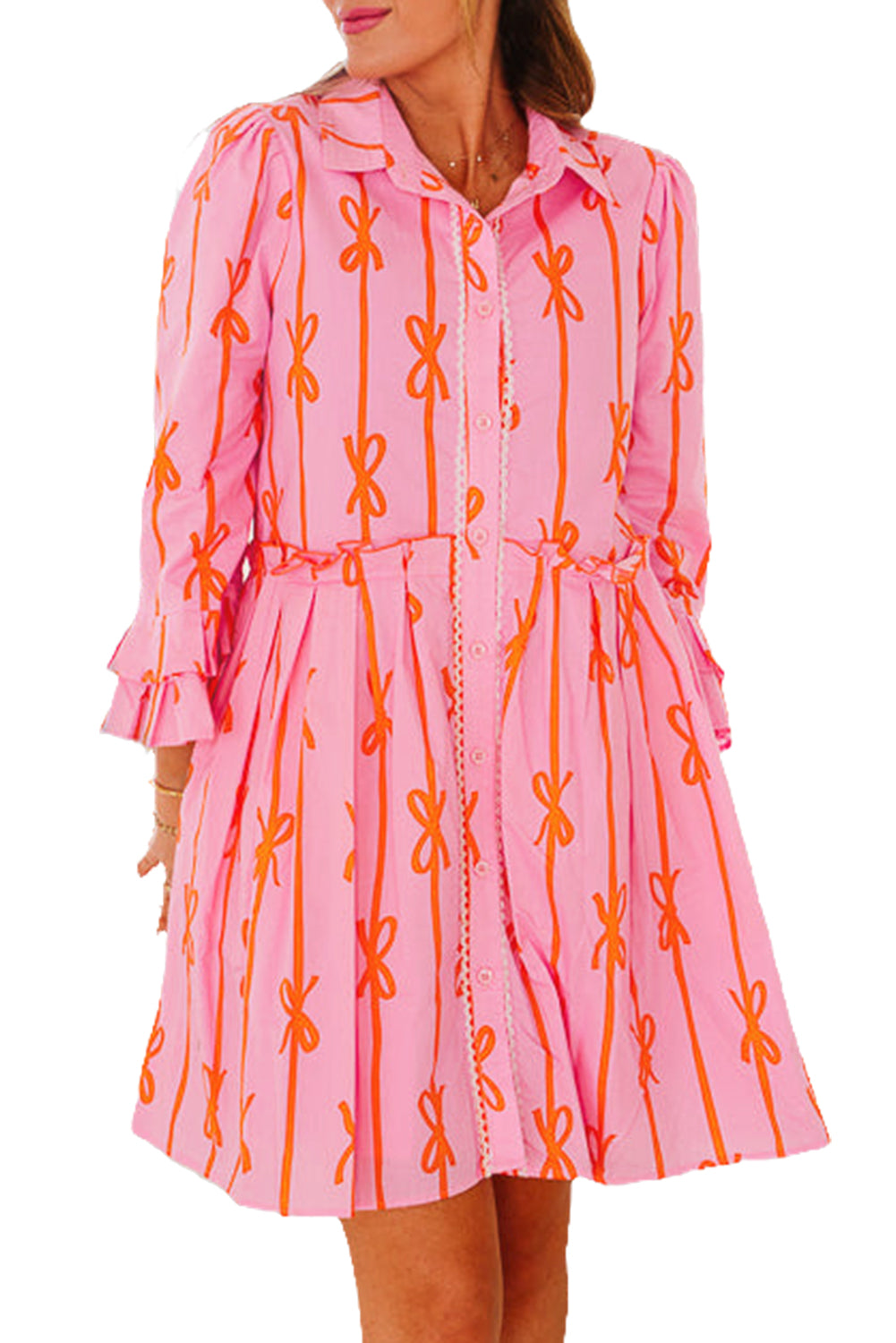 Pink Bowknot Striped Ruffle Mini Shirt Dress