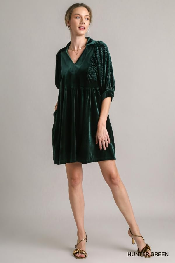 Umgee USA Velvet 3/4 Sleeves Collar Dress with Contrast Detail