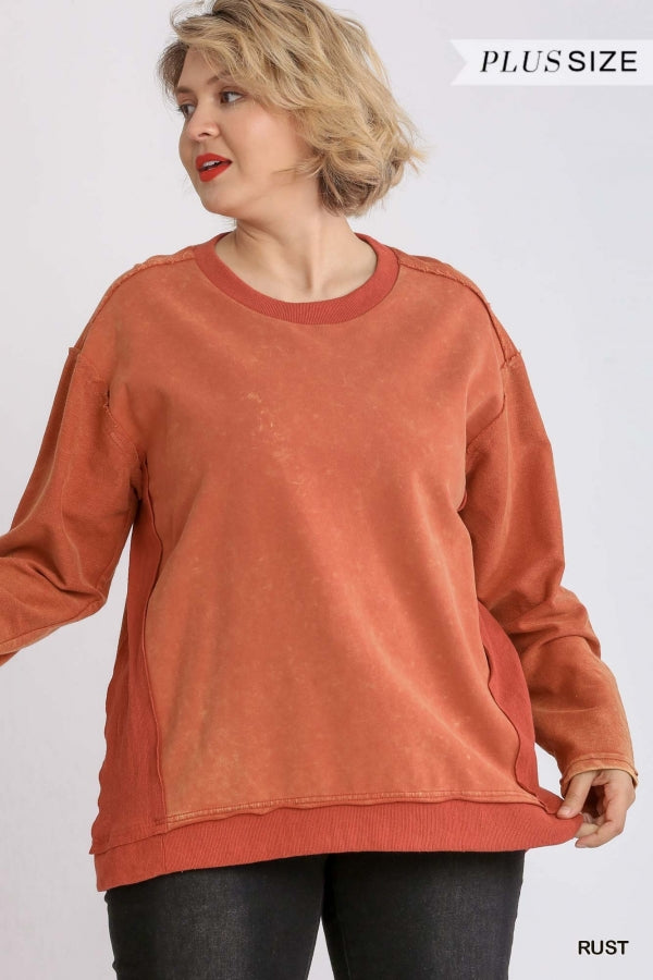 Umgee Mineral Wash French Terry Rib Knit Long Sleeve Top with Raw Edge Hem