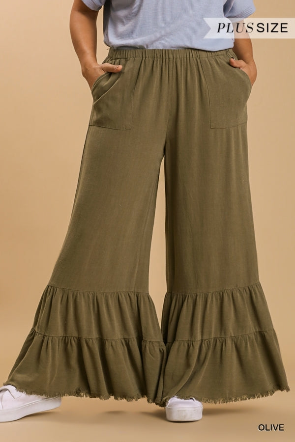 Umgee Linen Blend Wide Ruffle Leg Pants with Pockets and Frayed Hem