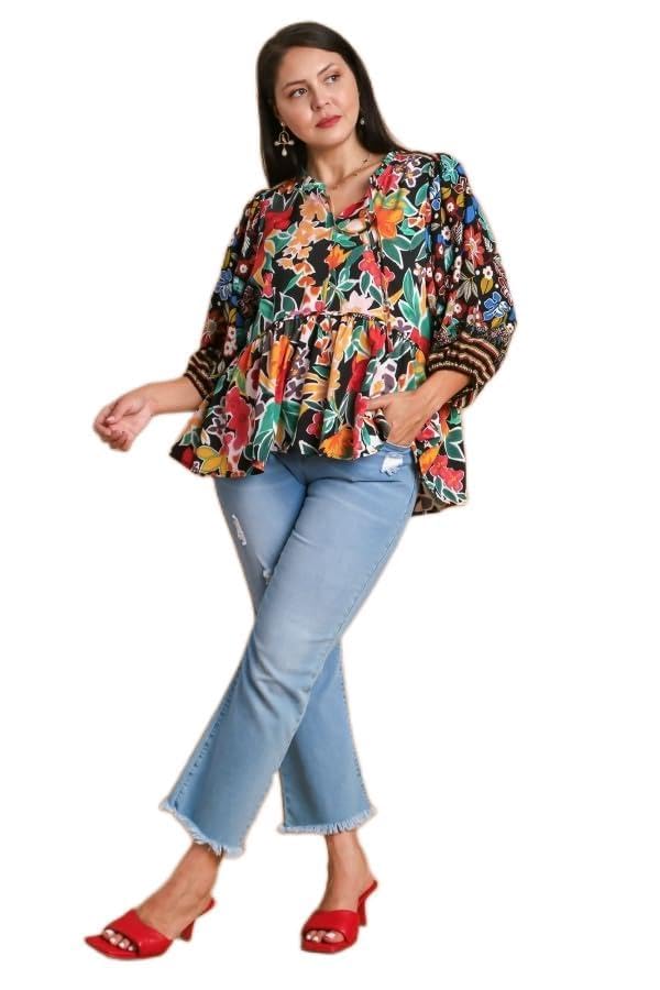 Babydoll Mix & Match Top with Floral Print Boarder Balloon Sleeve