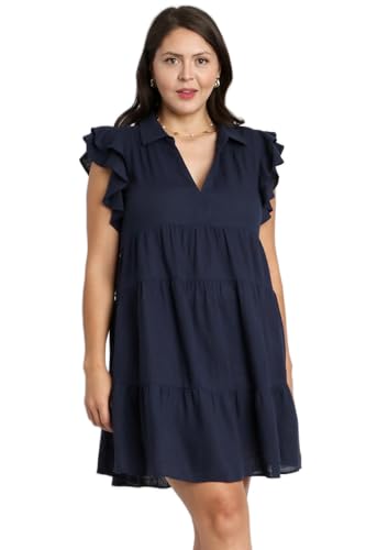 Umgee Linen Blend Collar Split Neck Short Ruffle Sleeves Tiered Dress