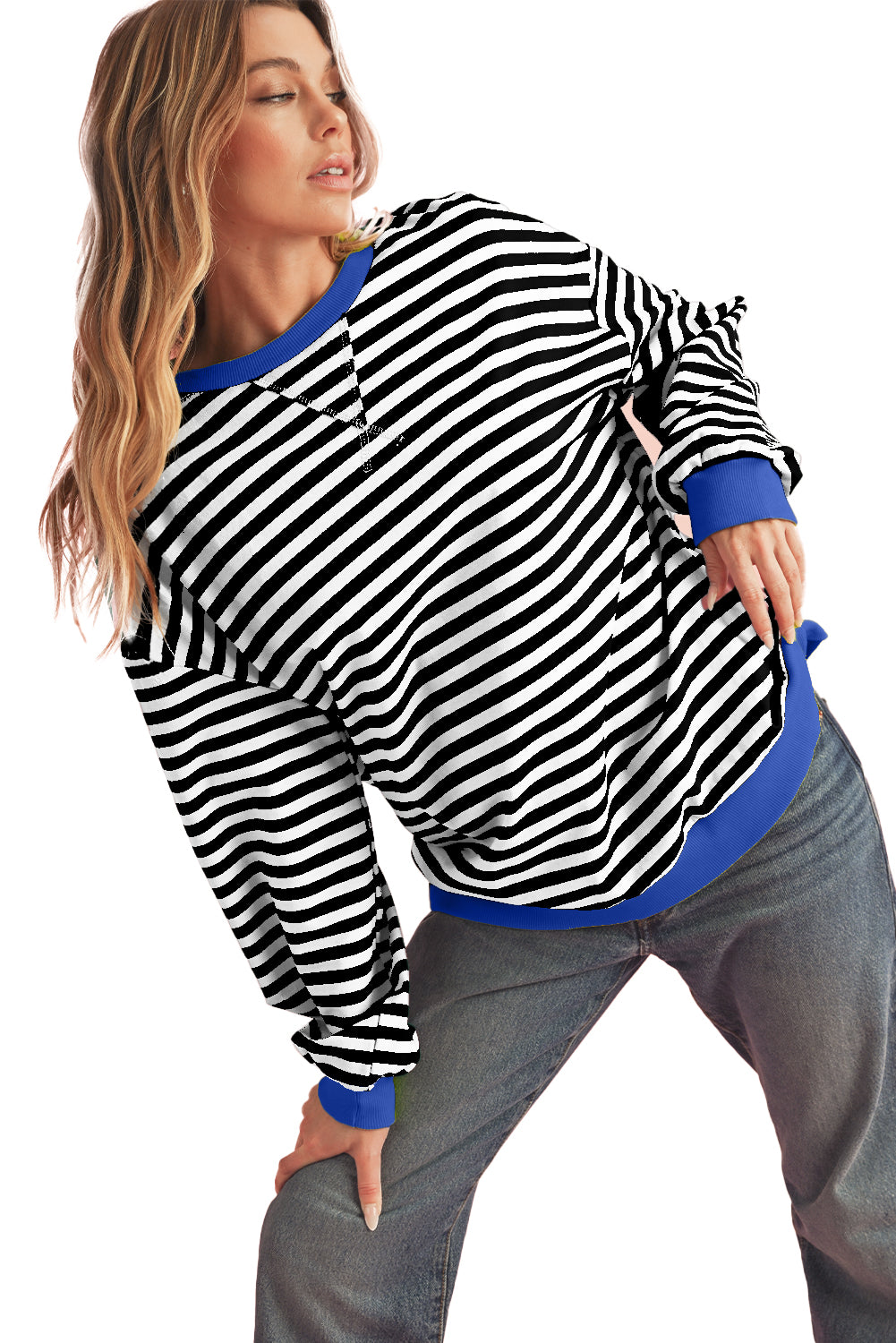 Sky Blue Stripe Contrast Edge Oversized Pullover