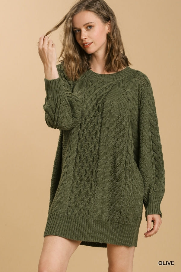 Umgee Round Neck Cable Knit Sweater Dress