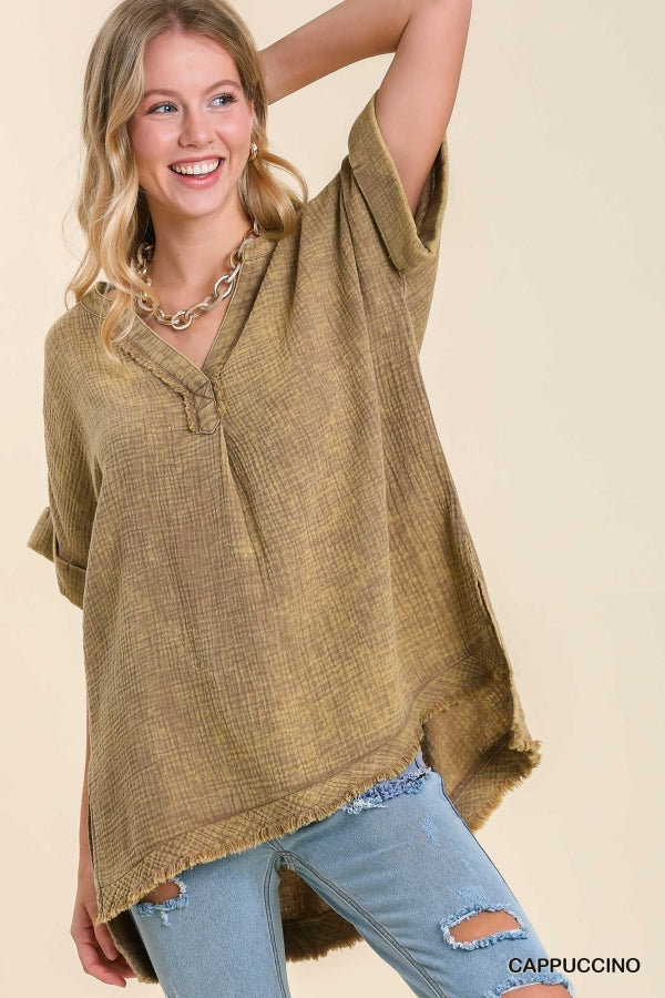 Umgee Mineral Wash Gauze Fabric Tunic Top Split Neckline, Side Split Hem, Cuffed Sleeves & Hi Low Cut