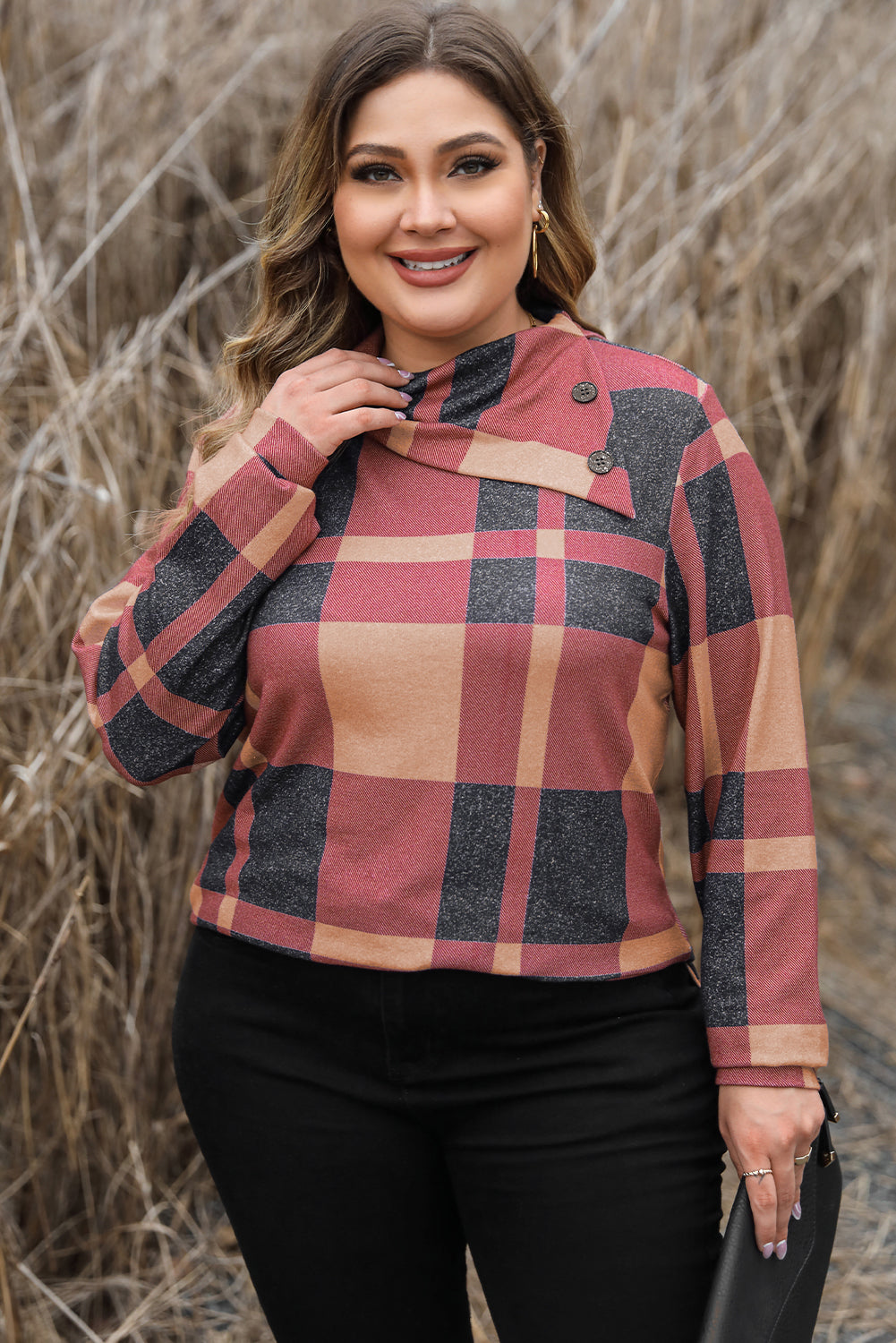 Mineral Red Plus Size Plaid Print Button Decor Asymmetric Neck Top