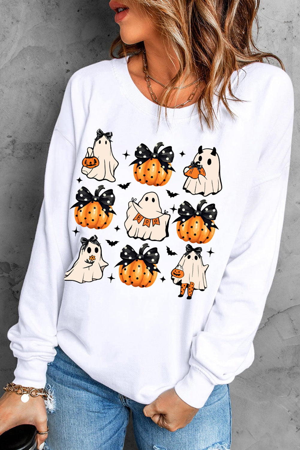 Beige Halloween Ghost Pumpkin Print Crew Neck Sweatshirt