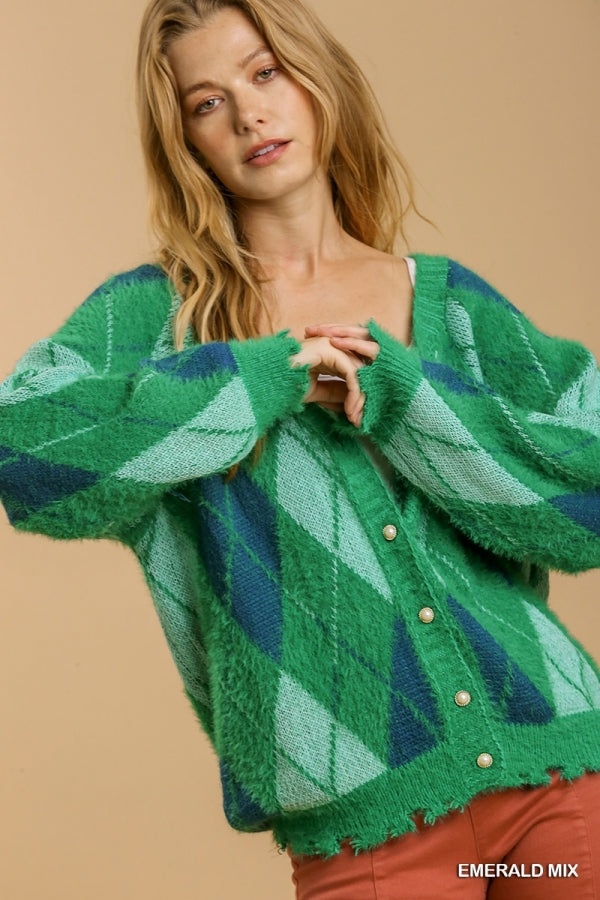 Umgee Argyle Pattern Button Front Cardigan