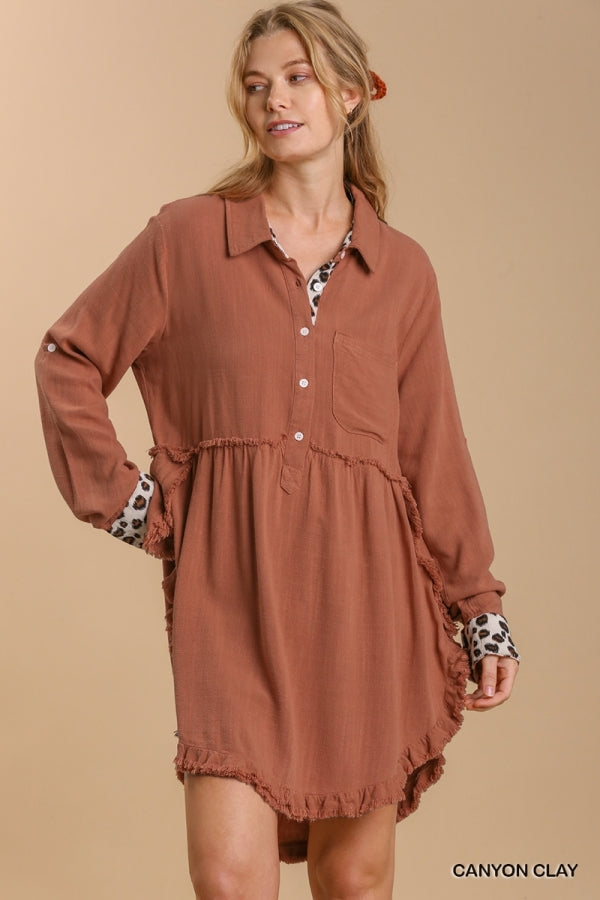 Umgee Linen Blend Animal Print Button Front and Tab Tunic Dress with Chest Pocket