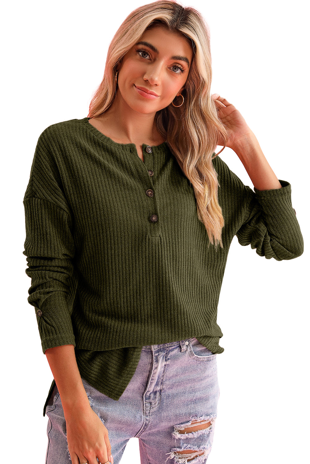 Jungle Green Drop Shoulder Ribbed Knit Long Sleeve Henley Top