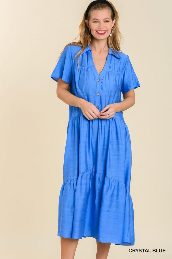 Umgee Short Sleeve Collared Tiered V-Neck Maxi Dress