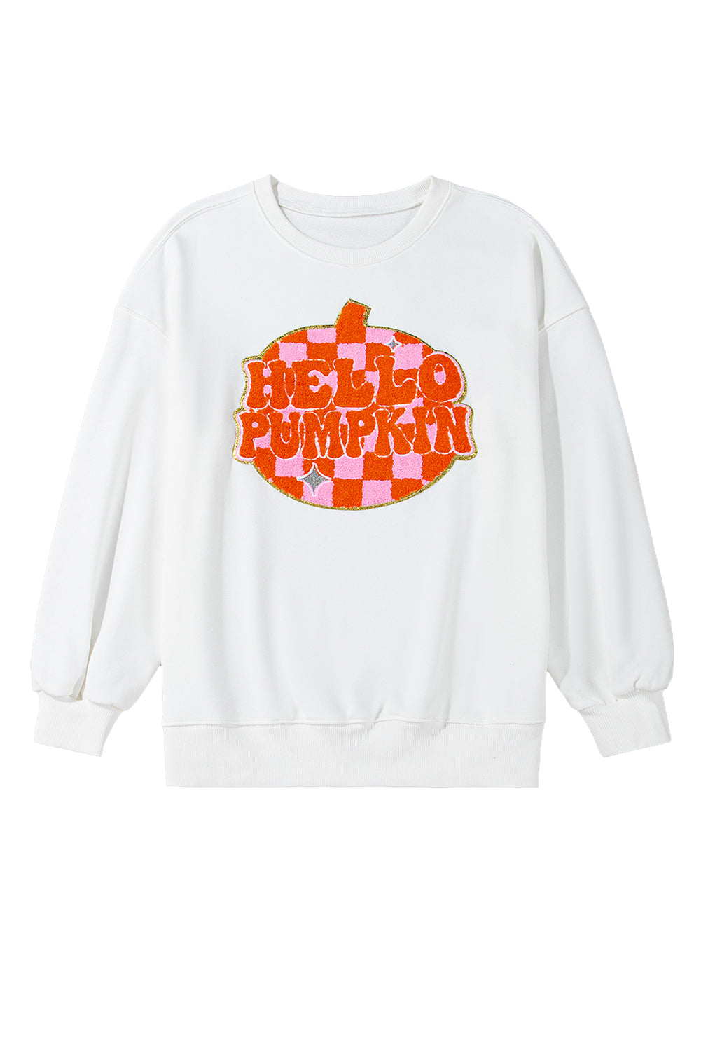 White Halloween Hello Pumpkin Patched Pullover Sweatshirt