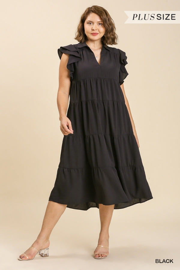 Umgee Collar Split Neck Short Ruffle Sleeves Tiered Midi Dress with No Lining