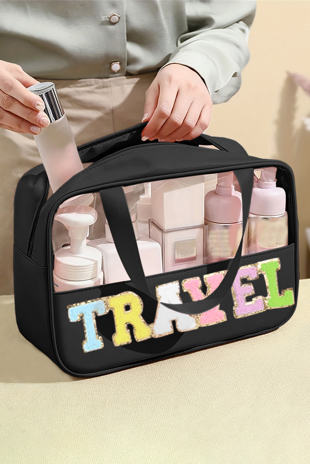 Light Pink TRAVEL Chenille Letter Clear PVC Makeup Bag