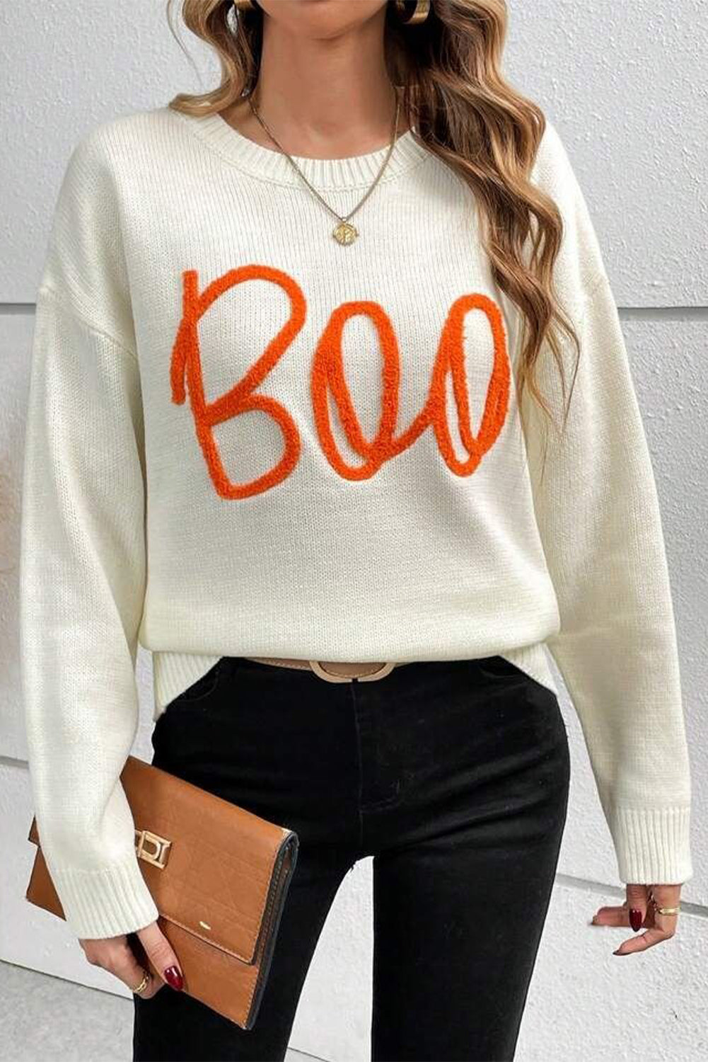 Orange Halloween Boo Drop Shoulder Knit Sweater