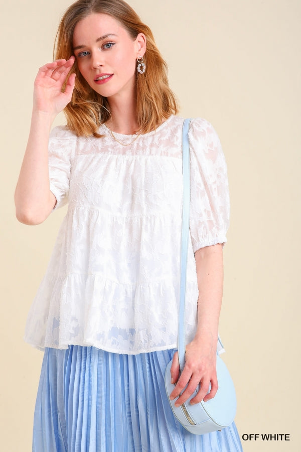 Umgee Floral Jacquard Baby Doll Tiered Top