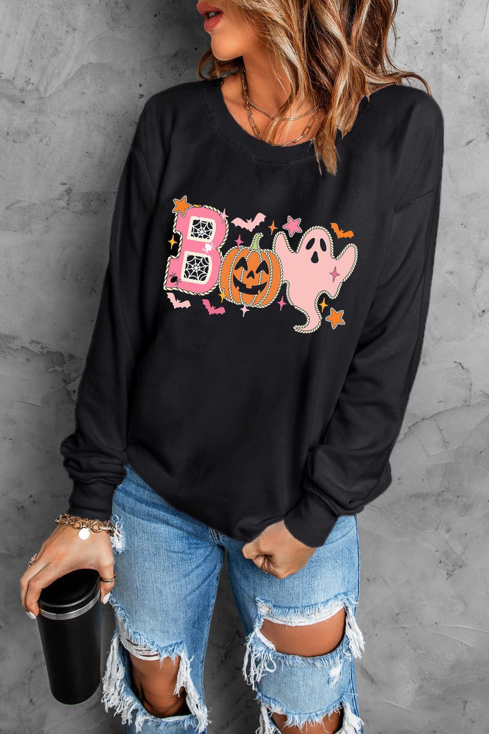 Black BOO Pumpkin Ghost Print Graphic Halloween Sweatshirt