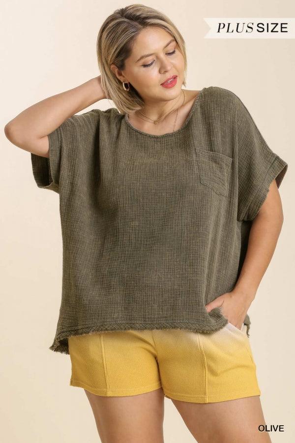 Umgee Mineral Wash Short Dolman Sleeve Top with Fringe Hem and Chest Pocket