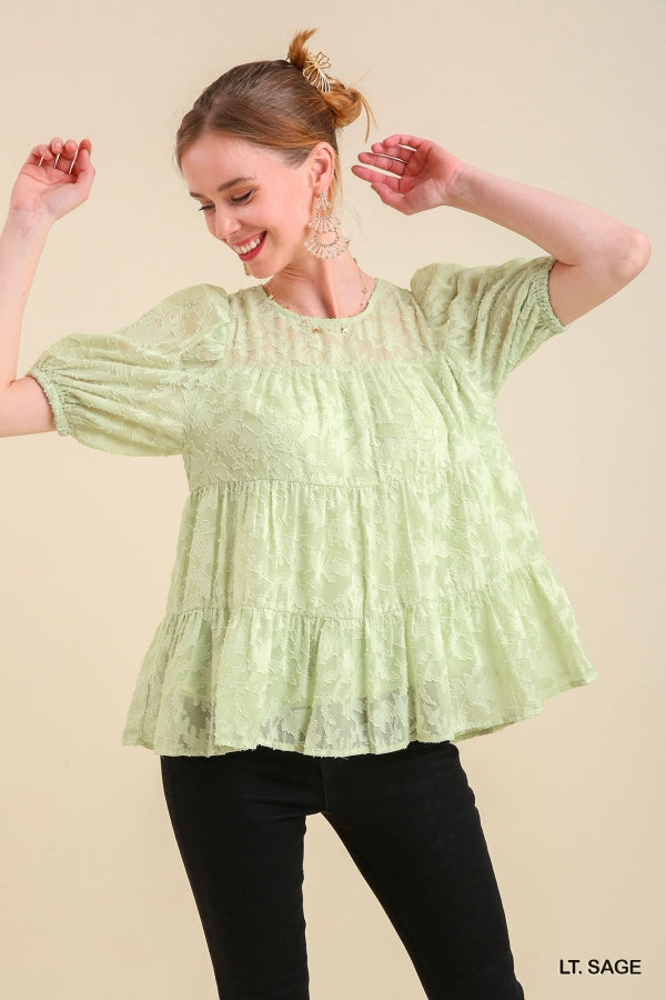 Umgee Floral Jacquard Baby Doll Tiered Top