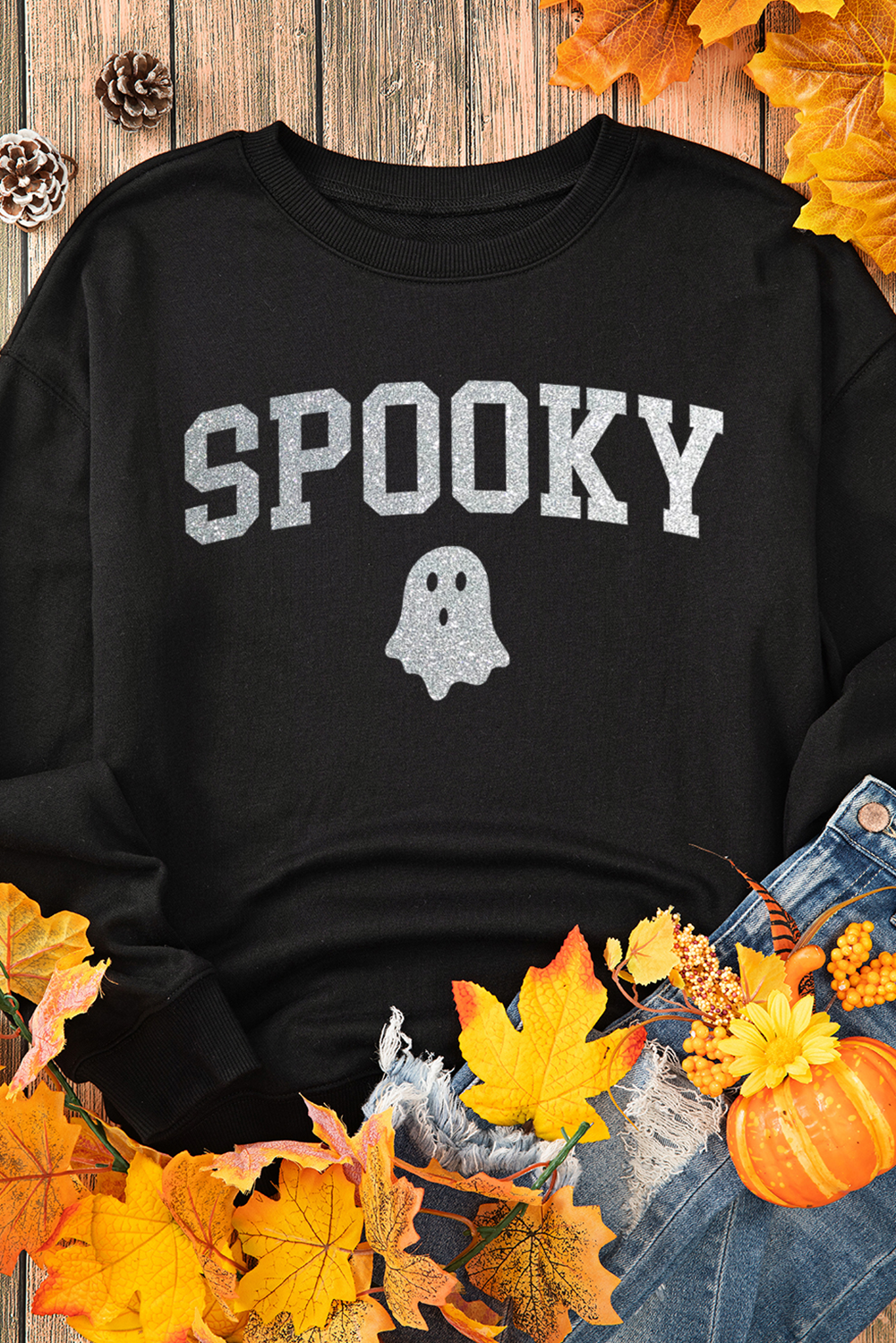 Black SPOOKY Ghost Glitter Pattern Crew Neck Halloween Sweatshirt