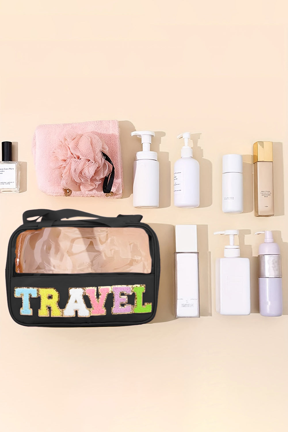 Light Pink TRAVEL Chenille Letter Clear PVC Makeup Bag