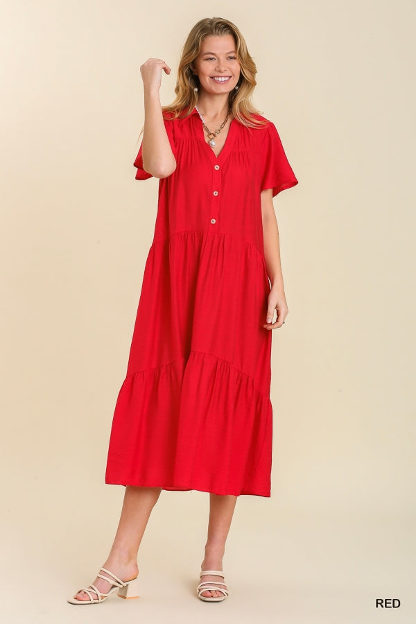 Umgee Short Sleeve Collared Tiered V-Neck Maxi Dress