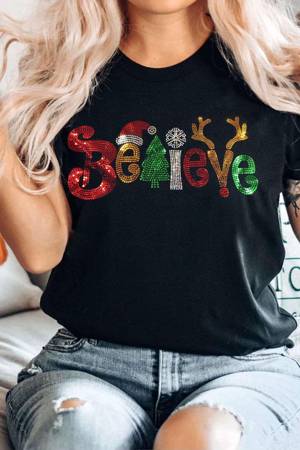 Black BELIEVE Glittered Crewneck Christmas Graphic Tee