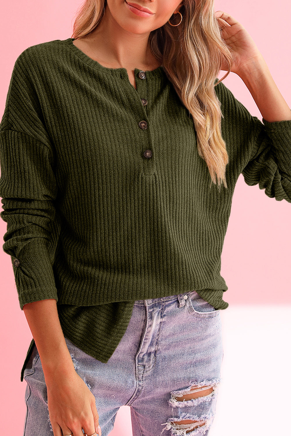 Jungle Green Drop Shoulder Ribbed Knit Long Sleeve Henley Top